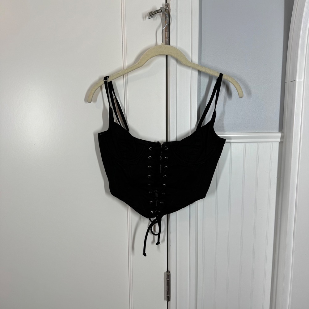 White Fox Boutique Black Corset Crop Top Size Small Lace Up Front Zip Back Sexy